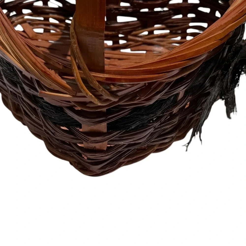 Vintage Heart Shaped Woven Basket Black Bow Farmhouse Primitive Country Decor